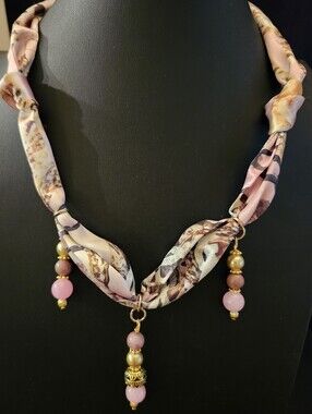 Scarf Necklace Strawberry Quartz Rhodonite Handcrafted